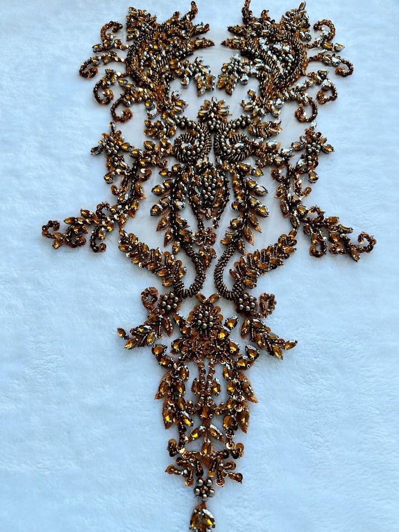 PLune Handmade Shiny Rhinestones Applique handsewing Beaded Sequins Crystal on lace Trim Patches for Prom Dress Clothing Decorative Accessories (Brown) - Image 4